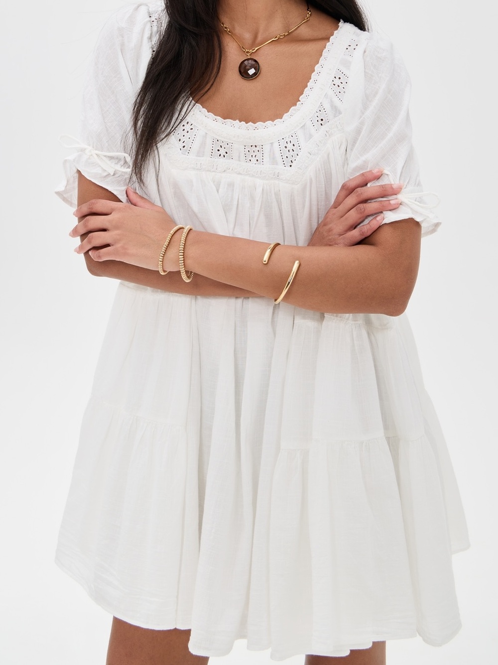 Cottagecore White Eyelet Babydoll Mini Dress Cotton Prairie Boho